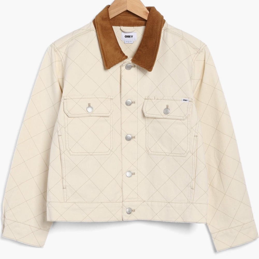 Obey Quilted Cream Jacket with Brown Corduroy Collar